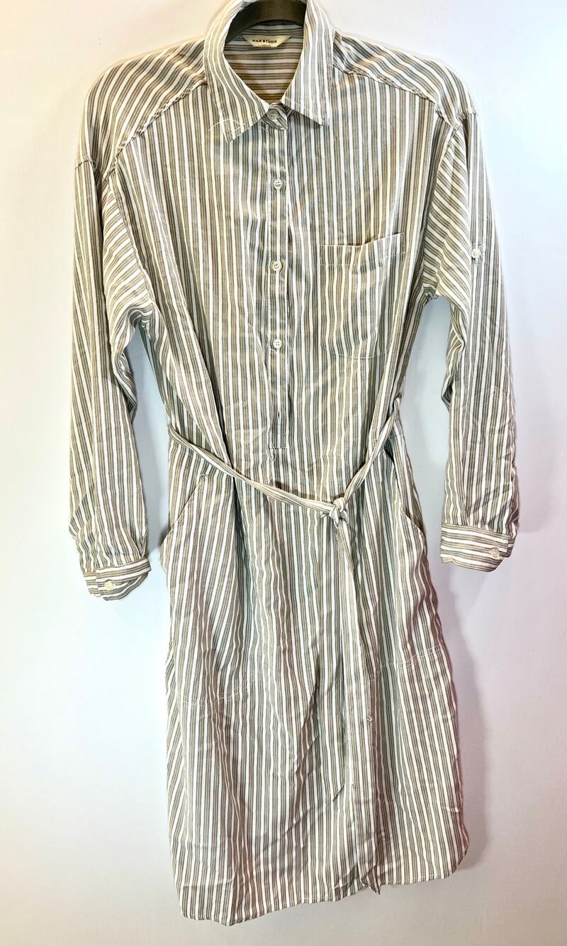 Max Studio Striped Shirt Dress | Long Sleeve Midi with Waist Tie | Size Medium